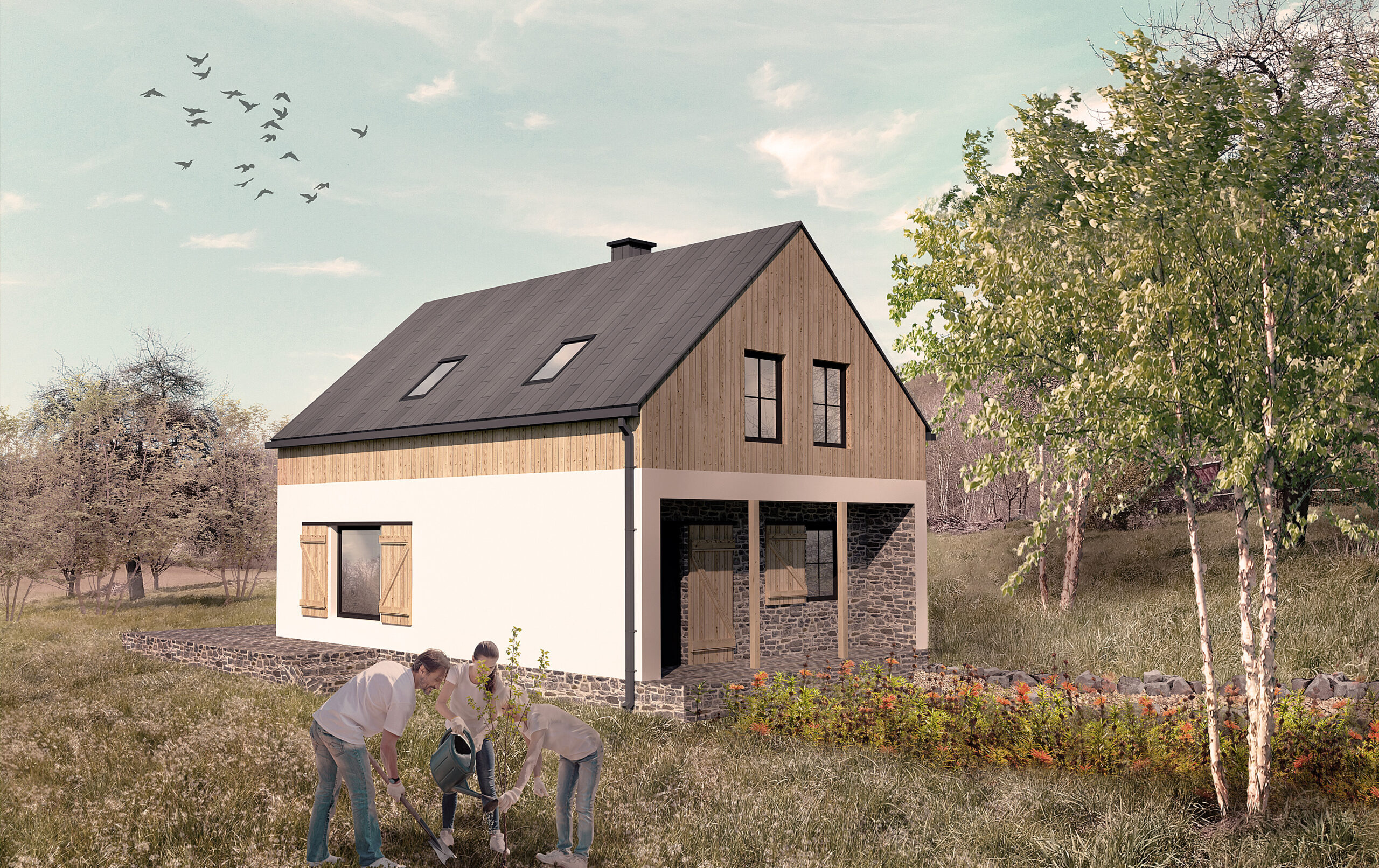 Słomiany Dom na&nbsp;sielskiej łące | pow. zabudowy 70 m2, pow. użytkowa 88 m2